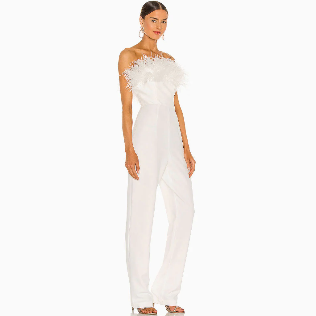 Unique Feather Trim Strapless Wide Leg Jumpsuit - White - Image 2