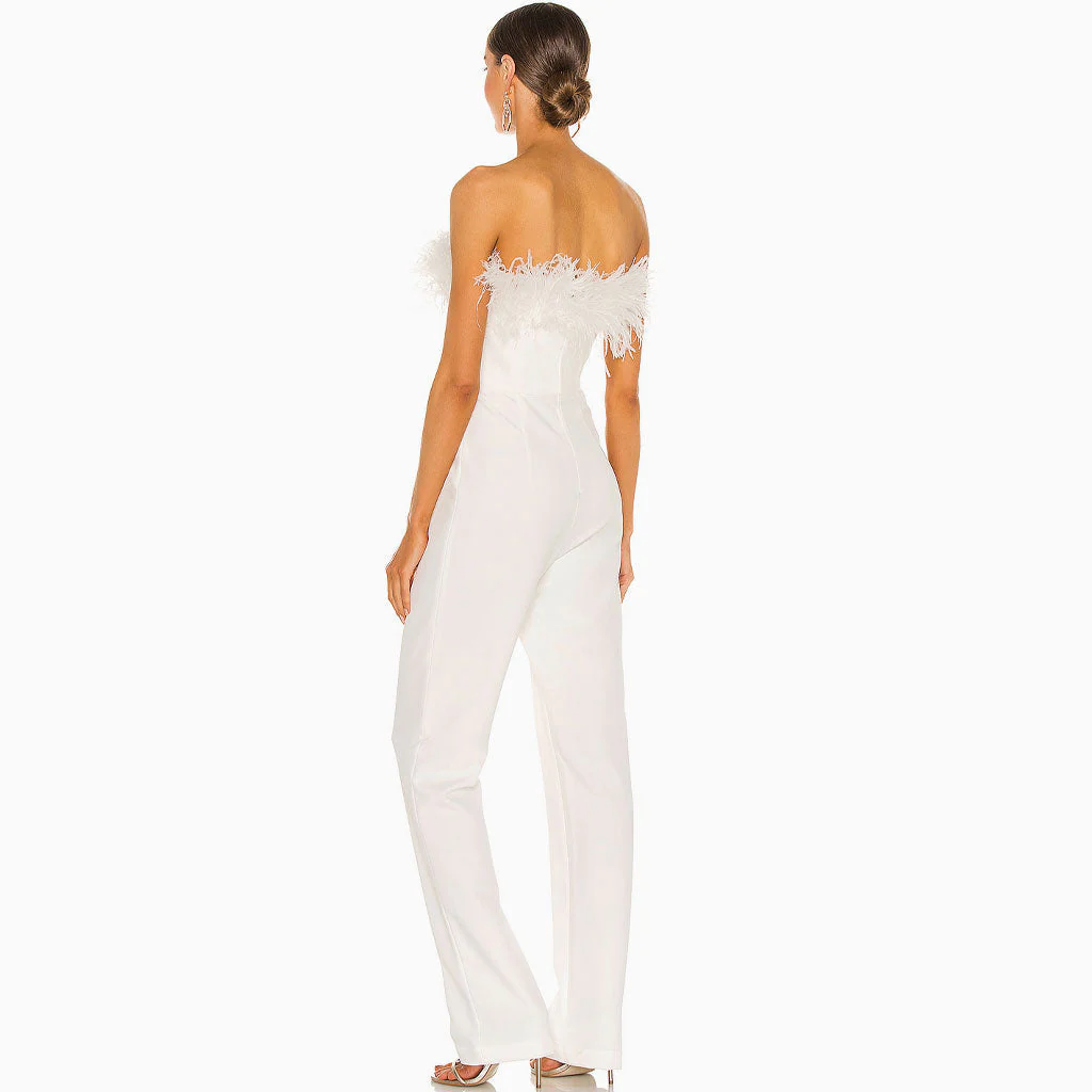 Unique Feather Trim Strapless Wide Leg Jumpsuit - White - Image 3