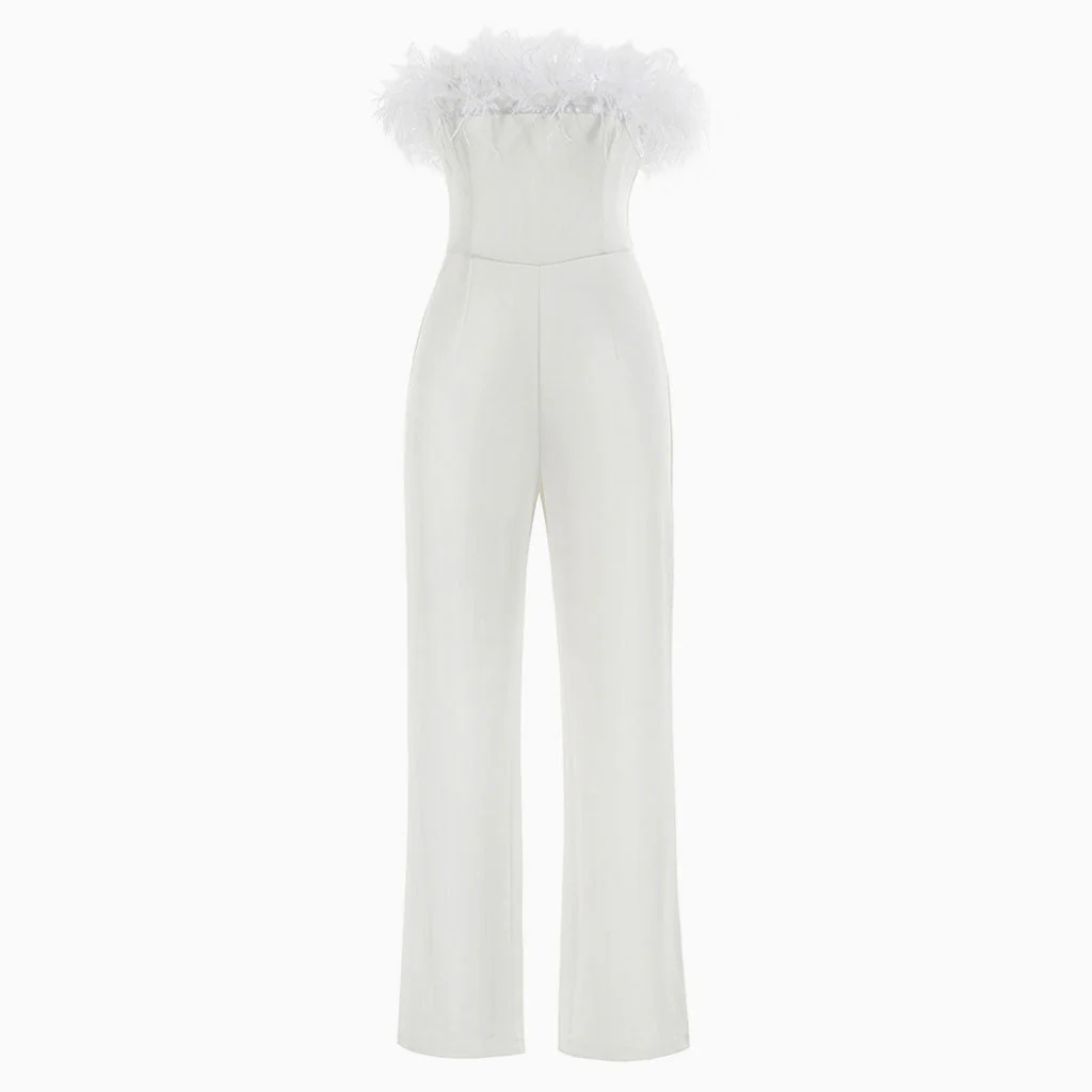 Unique Feather Trim Strapless Wide Leg Jumpsuit - White - Image 4