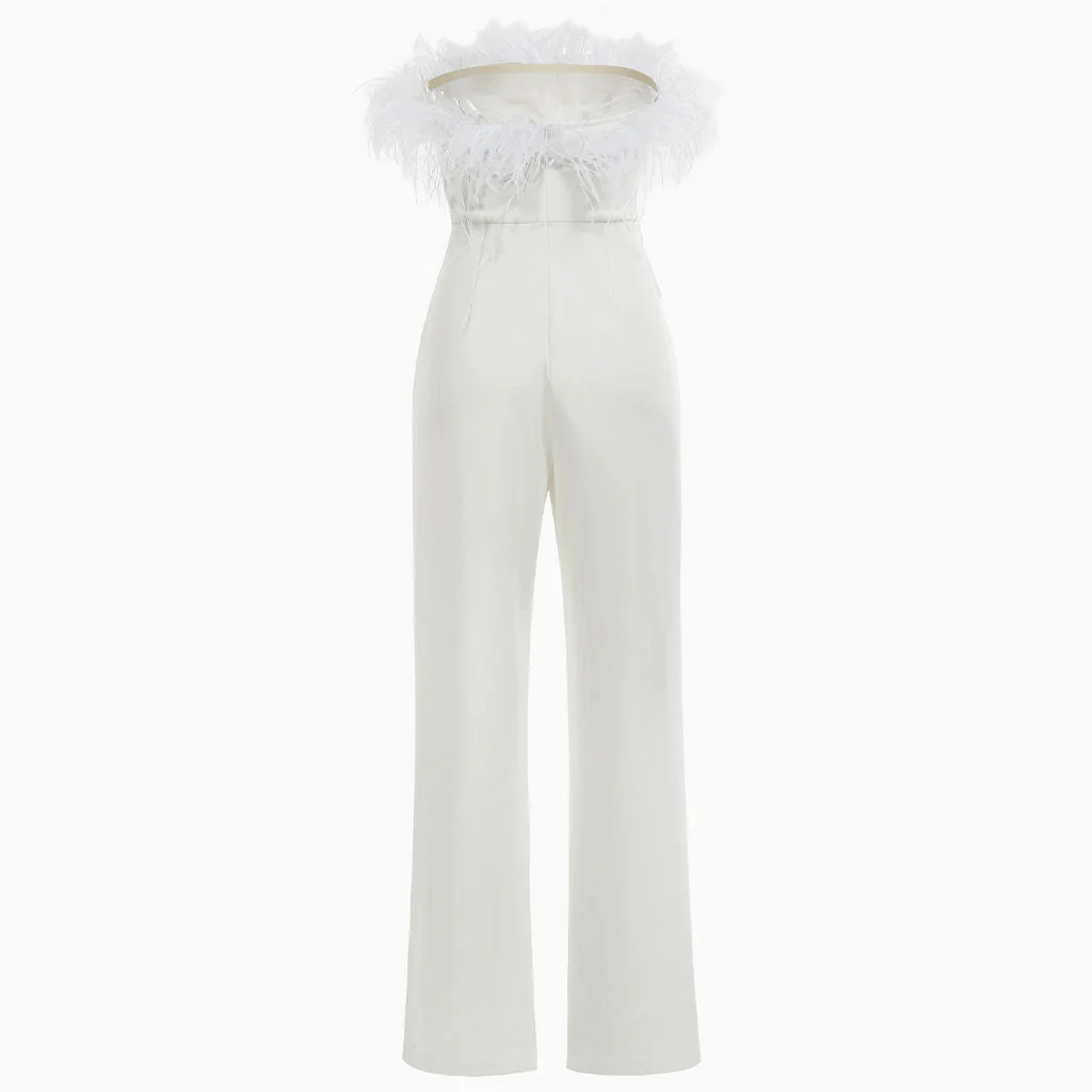 Unique Feather Trim Strapless Wide Leg Jumpsuit - White - Image 5