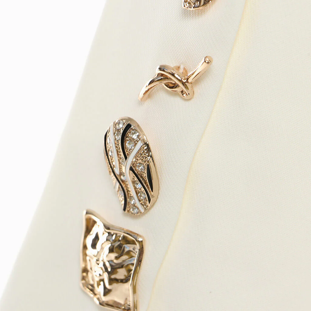 Unique Gold Tone Hardware Lapel Collar Double Breasted Blazer - Image 3