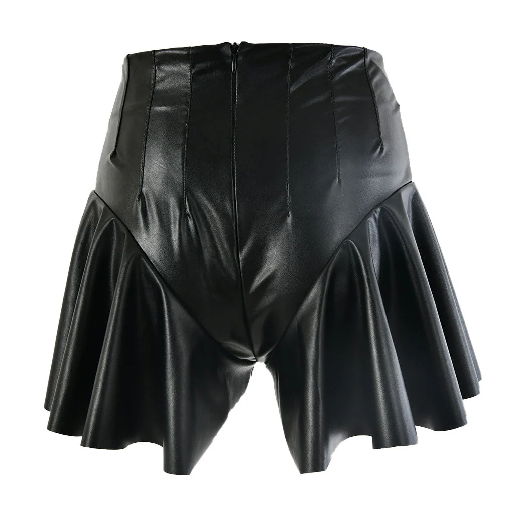 Unique High Waist Zip Back Ruffle Leg Leather Shorts - Black - Image 4