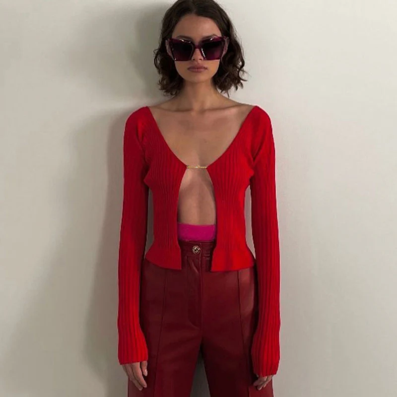 Unique Letter Chain Open Front Long Sleeve Ribbed Crop Cardigan - Red - Image 2