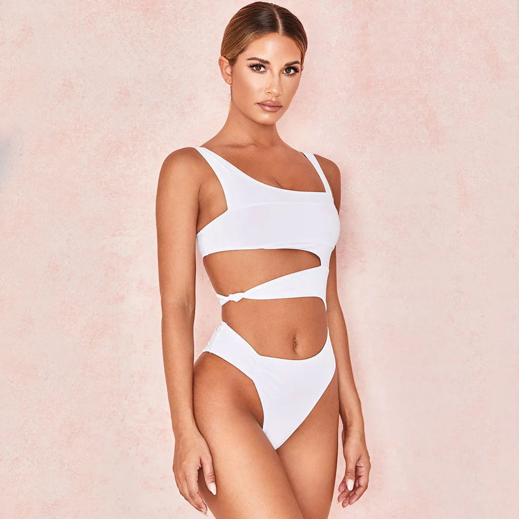 Unique Neck Cut Out High Leg One Piece Swimsuit - White - Image 2