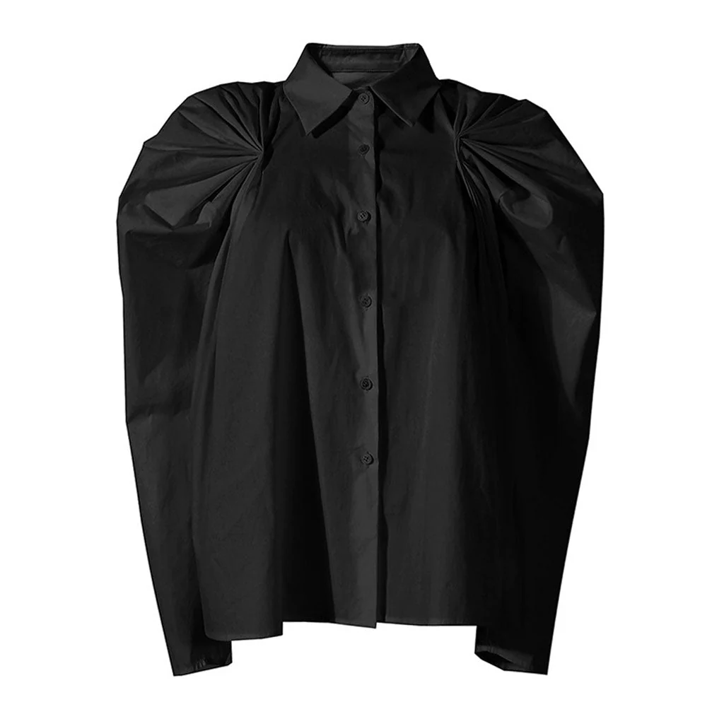 Unique Pleated Detail Puff Sleeve Collared Button Up Blouse - Image 2