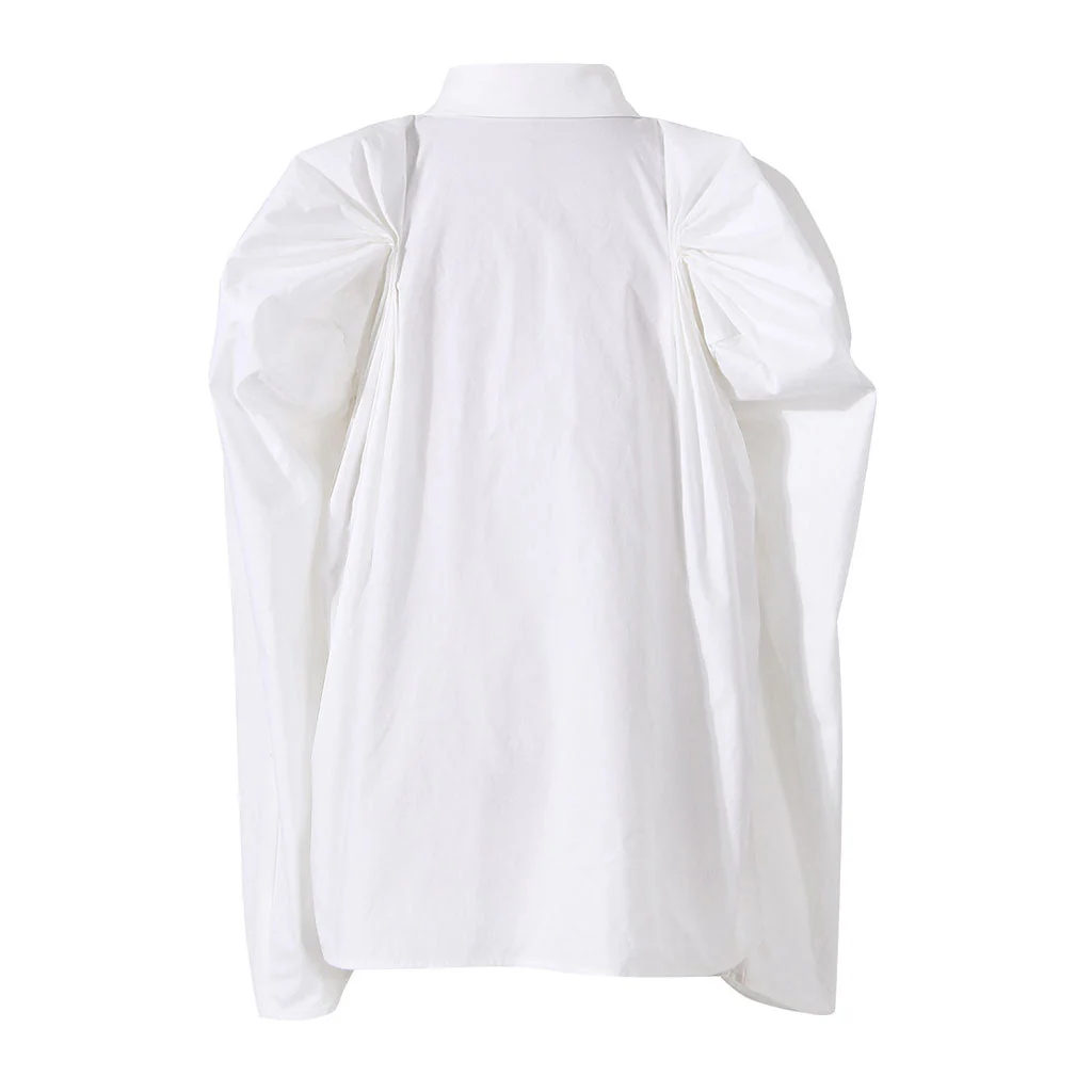 Unique Pleated Detail Puff Sleeve Collared Button Up Blouse - Image 3