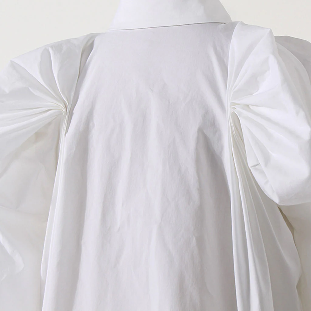 Unique Pleated Detail Puff Sleeve Collared Button Up Blouse - Image 5