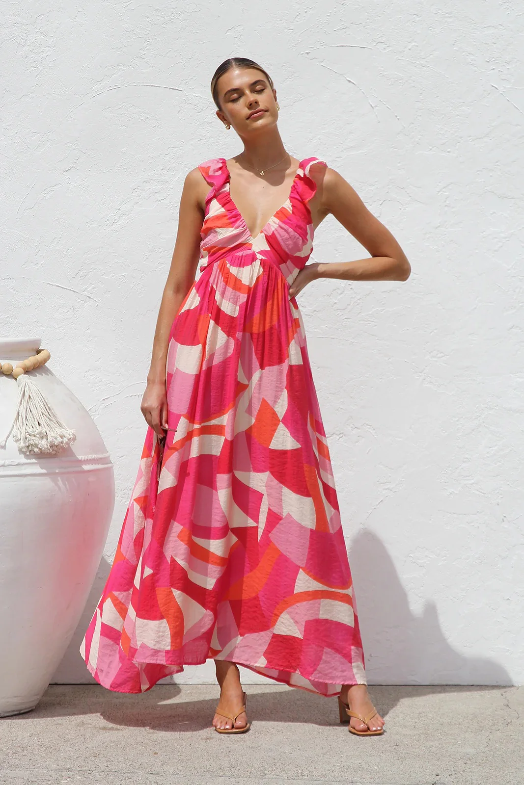 Unique Printed Ruffled Straps Pleated Back Maxi Dress - Image 3