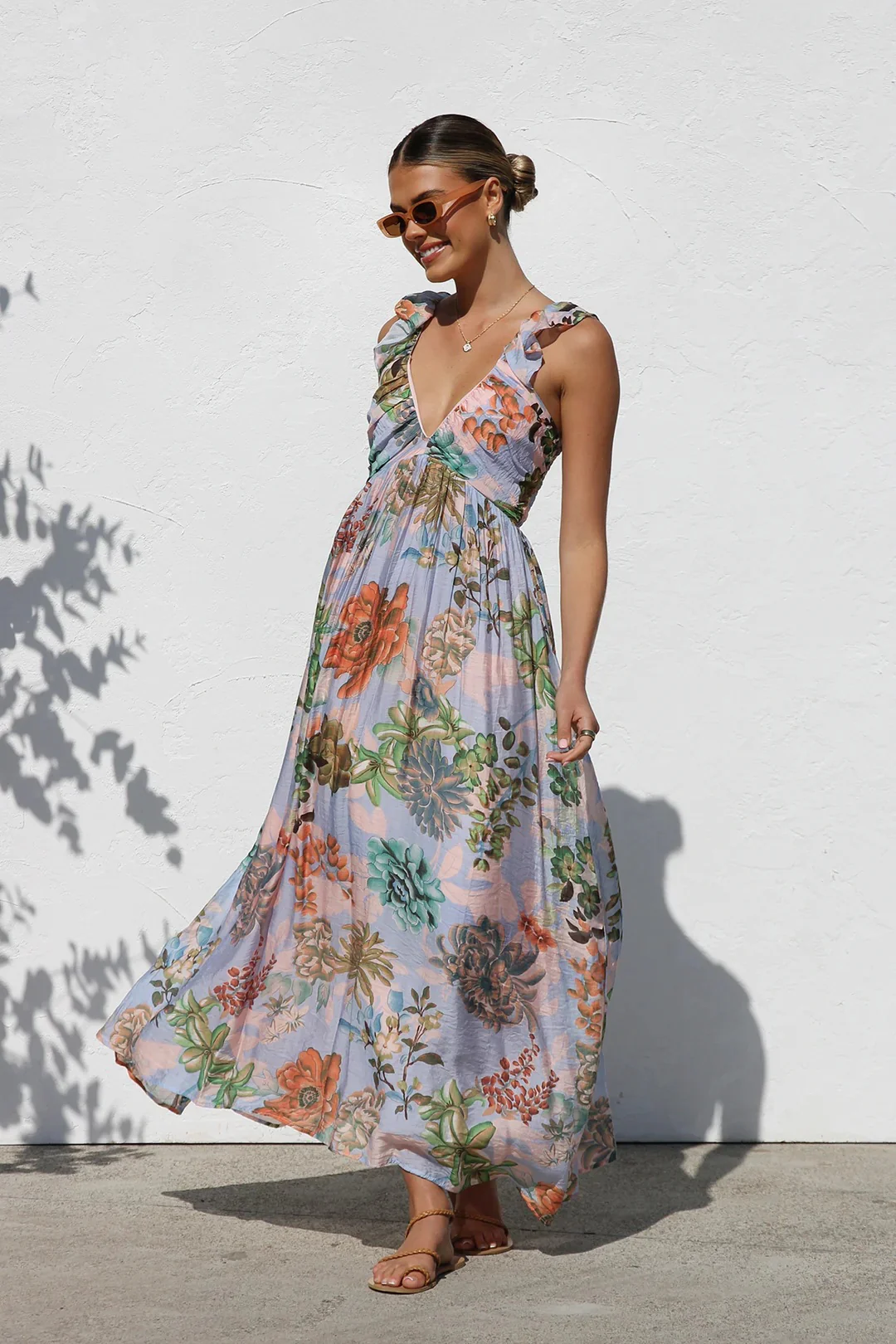 Unique Printed Ruffled Straps Pleated Back Maxi Dress - Image 5