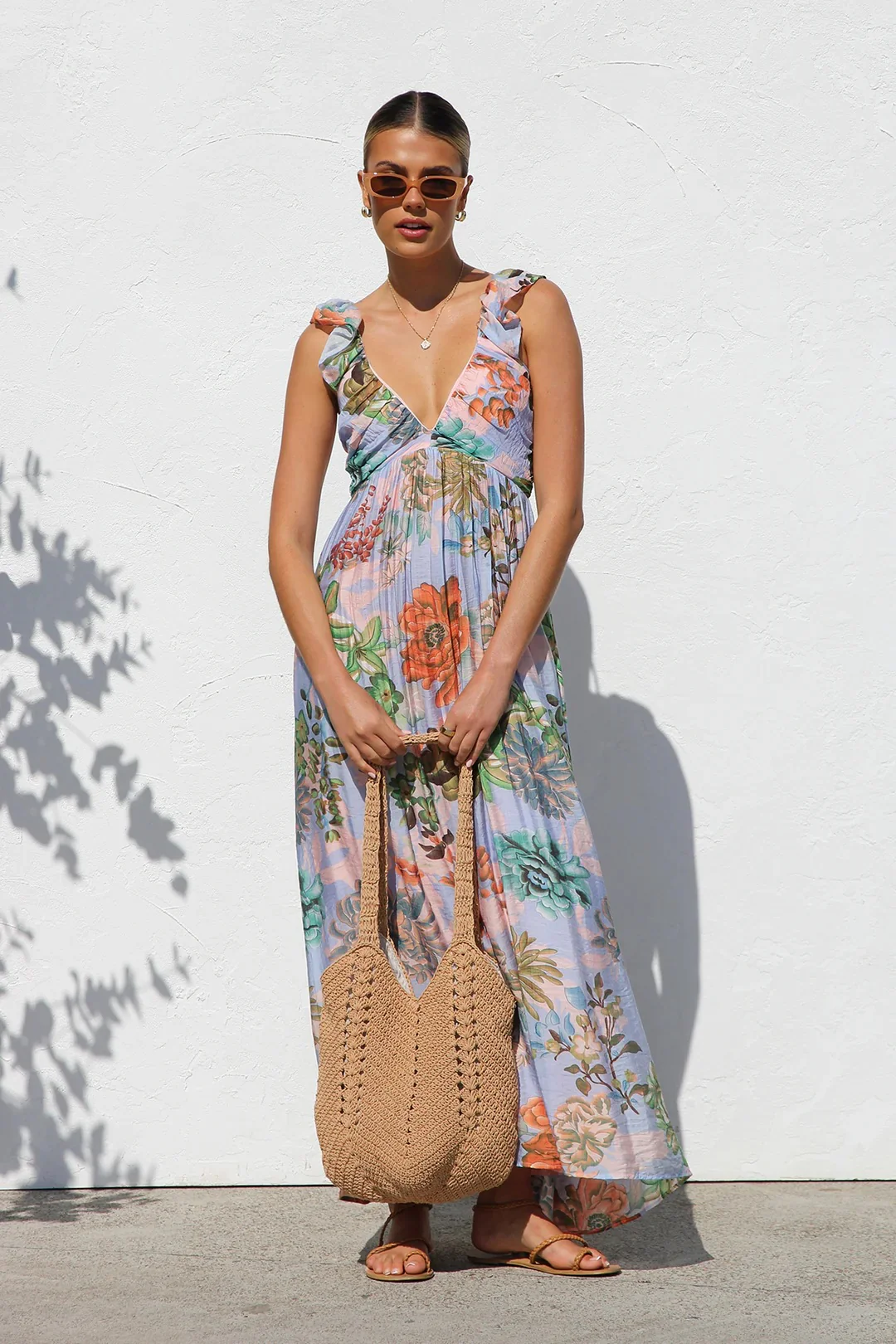 Unique Printed Ruffled Straps Pleated Back Maxi Dress - Image 6