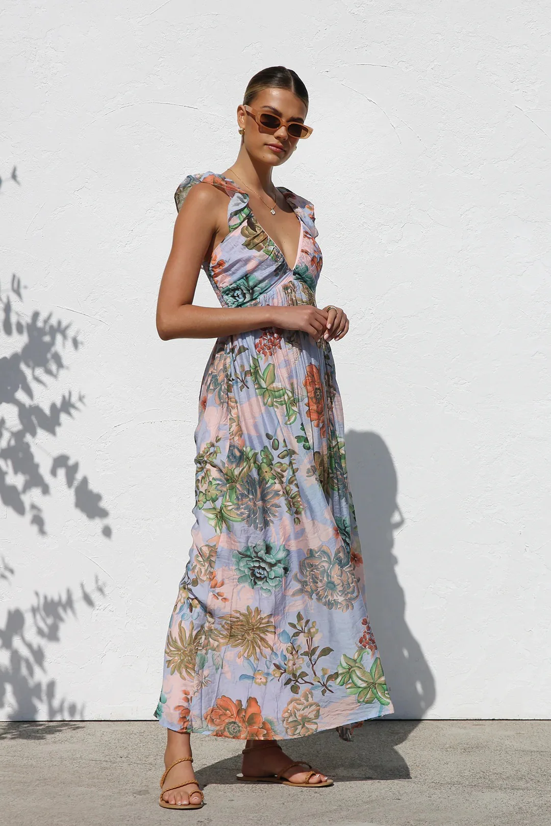 Unique Printed Ruffled Straps Pleated Back Maxi Dress - Image 8