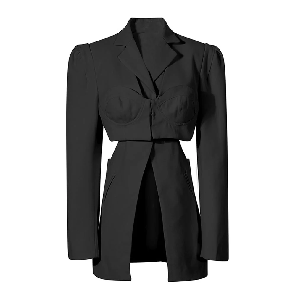 Unique Side CutOut Single Breasted Puff Sleeve Layered Bustier Tailored Blazer - Image 2