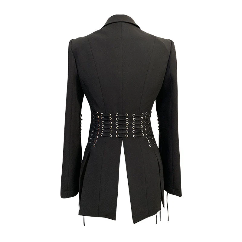 Unique Silver Eyelet Lace Up Slit Sleeve Lapel Collar Single Breasted Blazer - Image 2