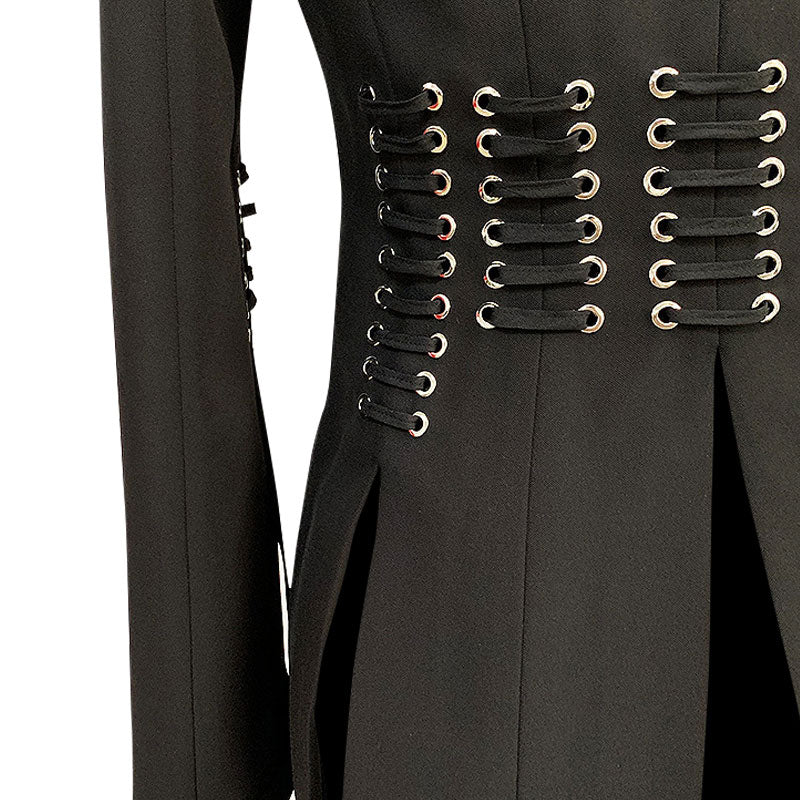 Unique Silver Eyelet Lace Up Slit Sleeve Lapel Collar Single Breasted Blazer - Image 5