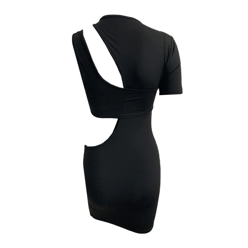 Unique Sleeve High Neck Cut Out Bodycon Party Mini Dress - Black - Image 4
