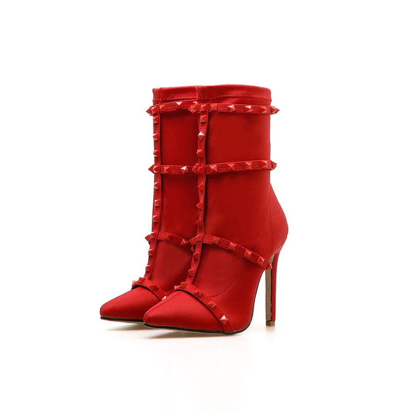 Unique Studs Strap Pointed Toe Stiletto Heel Mid Calf Boots - Red - Image 2