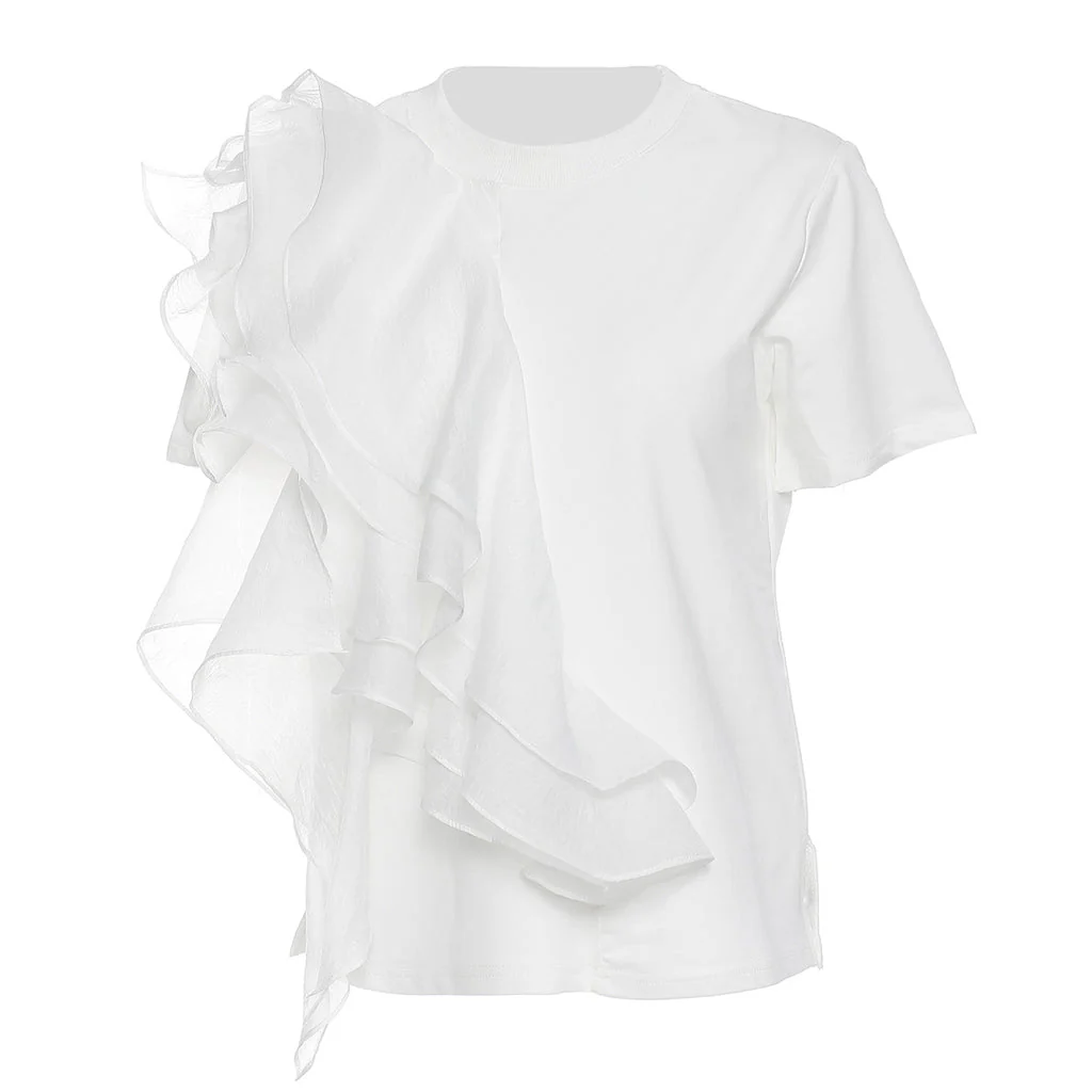 Unique Tiered Ruffle Detail Round Neck Short Sleeve Cotton Blend Top - Image 3