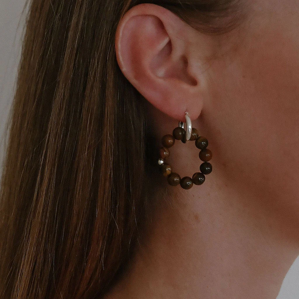 Unique Tigers Eye Beaded Ring Drop Multiway Hinge Hoop Earrings - Image 2