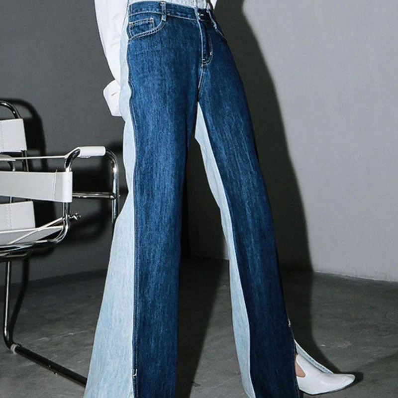 Unique Two Tone Raw Hem High Waist Straight Leg Spliced Jeans - Image 5