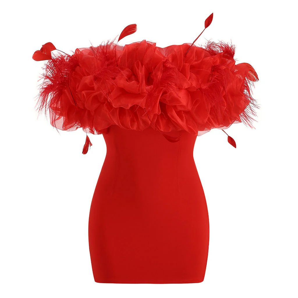 Unmatched Feather Trim Oversized Ruffle Off Shoulder Bandage Fitted Mini Party Dress - Image 2