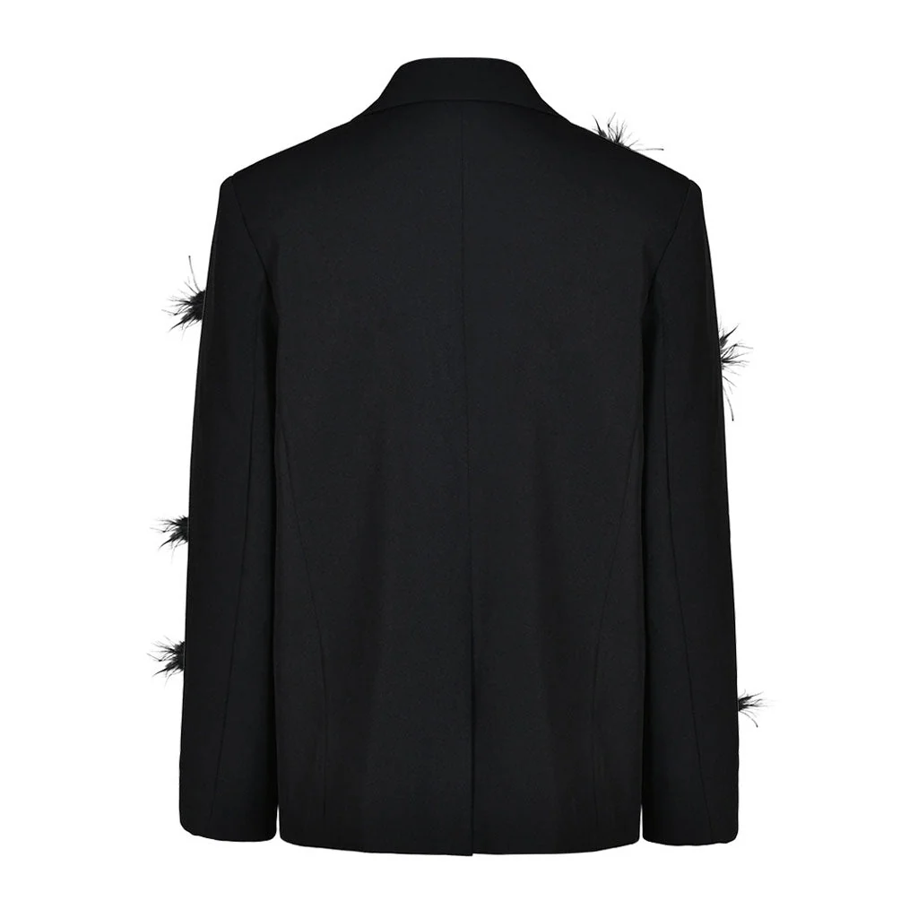 Upscale Feathery Gem Corsage Lapel Collar Single Breasted Long Sleeve Blazer - Image 3
