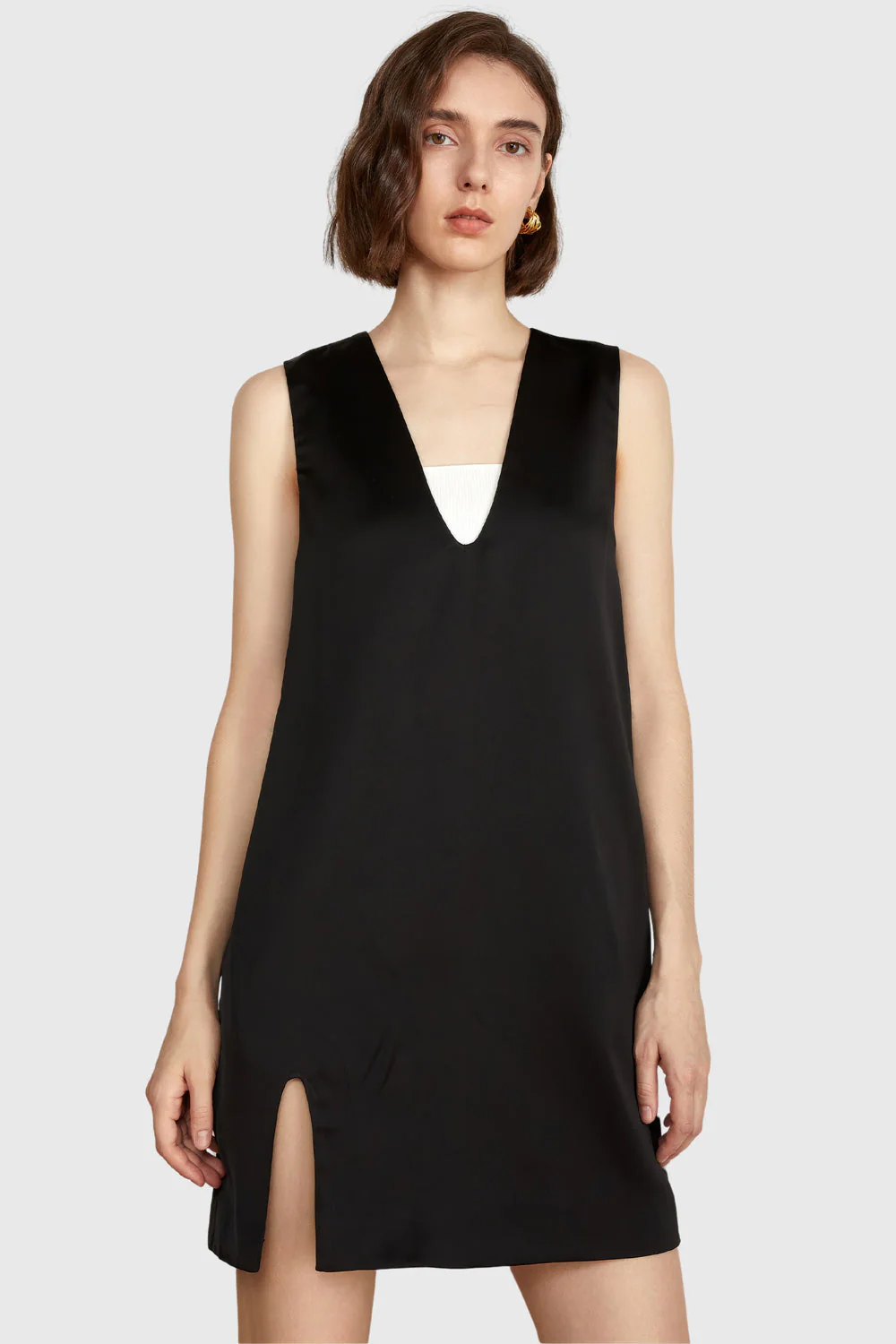 V-Neck Casual Mini Dress - Black - Image 2