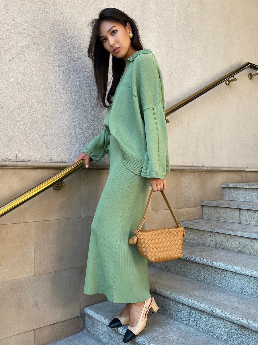 V-neck Knit Skirt Set - Image 8