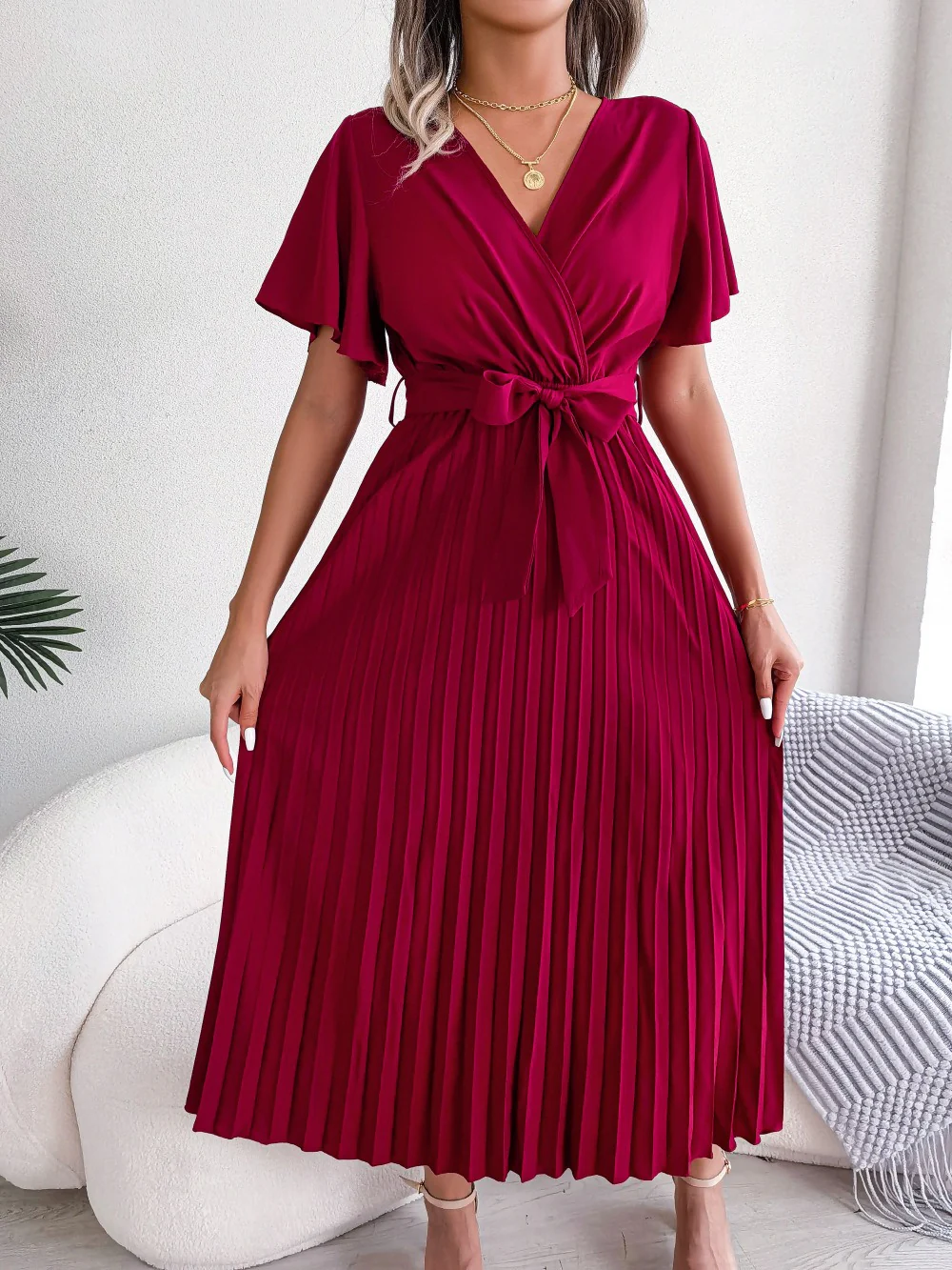 V-Neck Pleated Tie-Waist Midi Dress
