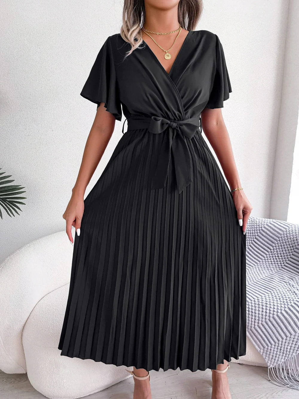 V-Neck Pleated Tie-Waist Midi Dress - Image 3