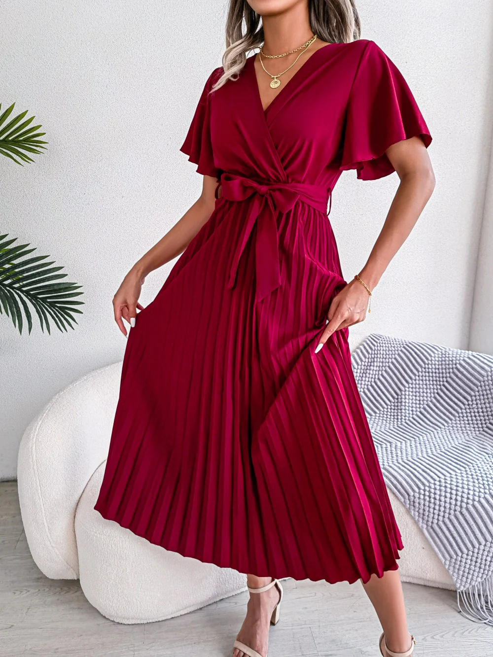 V-Neck Pleated Tie-Waist Midi Dress - Image 4