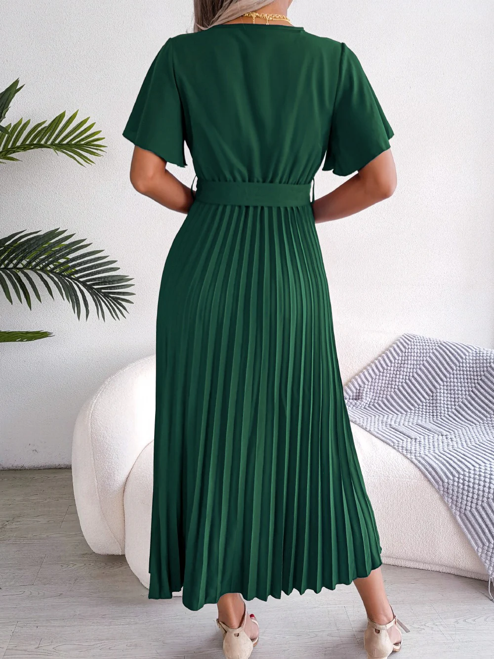 V-Neck Pleated Tie-Waist Midi Dress - Image 7