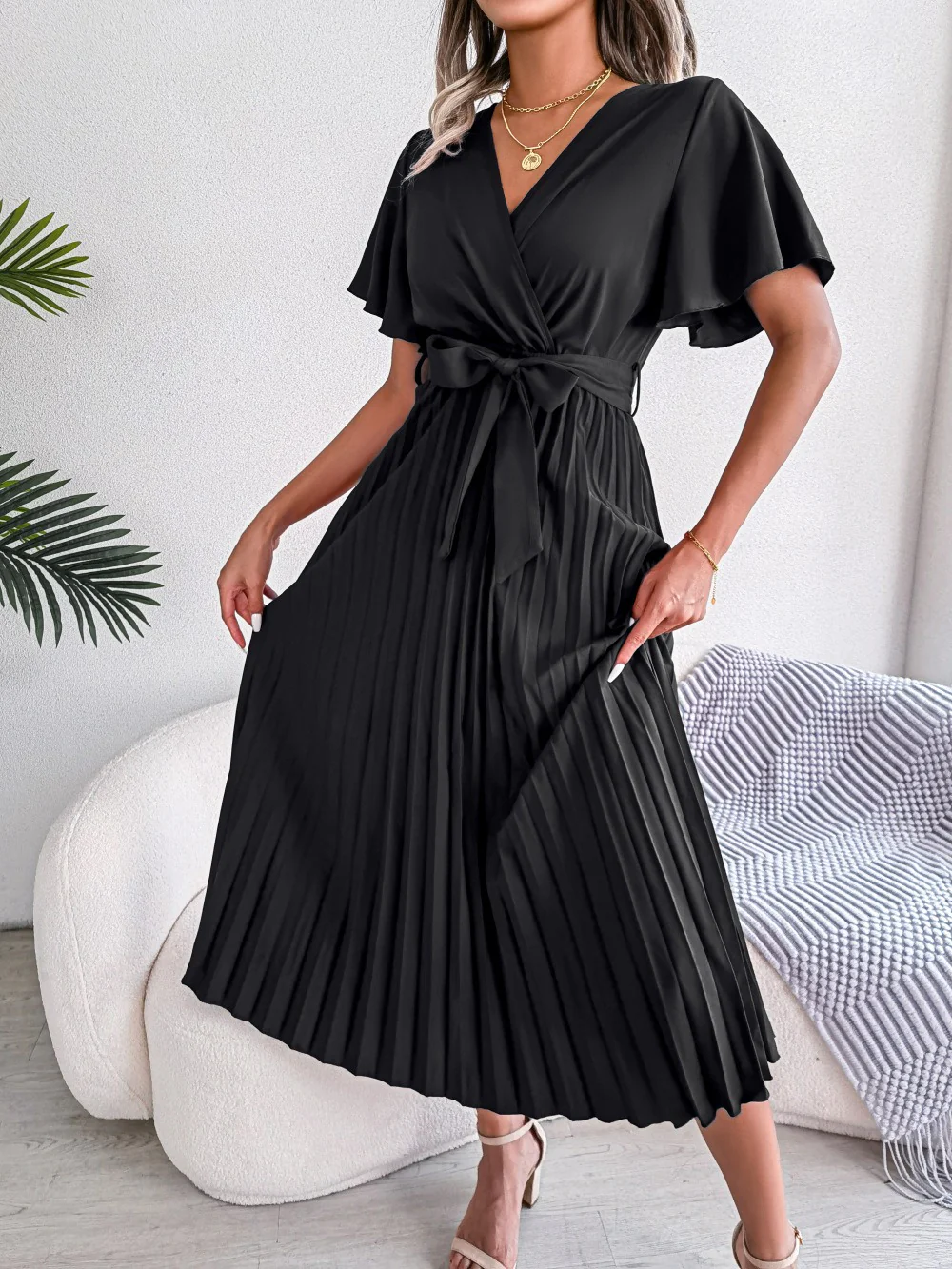 V-Neck Pleated Tie-Waist Midi Dress - Image 8