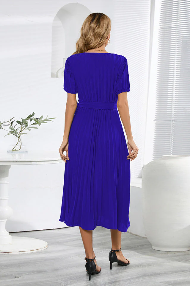 V-Neck Pleated Tie-Waist Midi Dress - Image 10