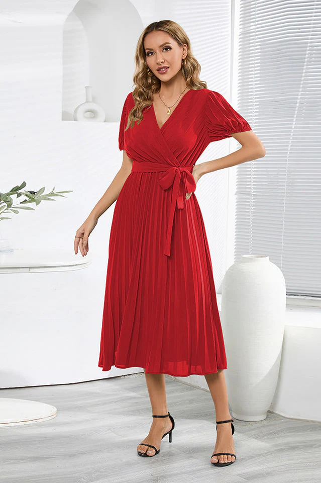 V-Neck Pleated Tie-Waist Midi Dress - Image 11
