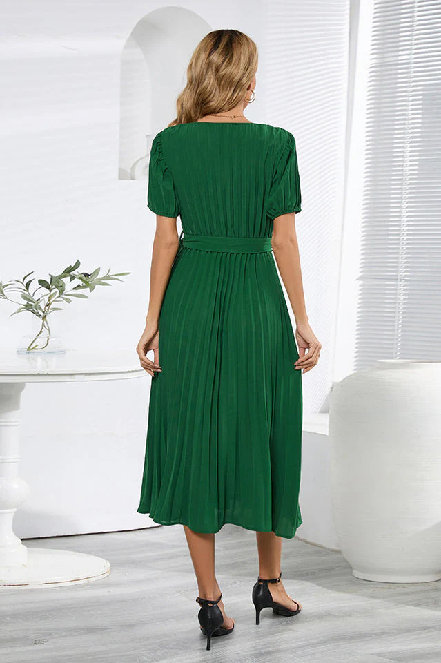 V-Neck Pleated Tie-Waist Midi Dress - Image 19