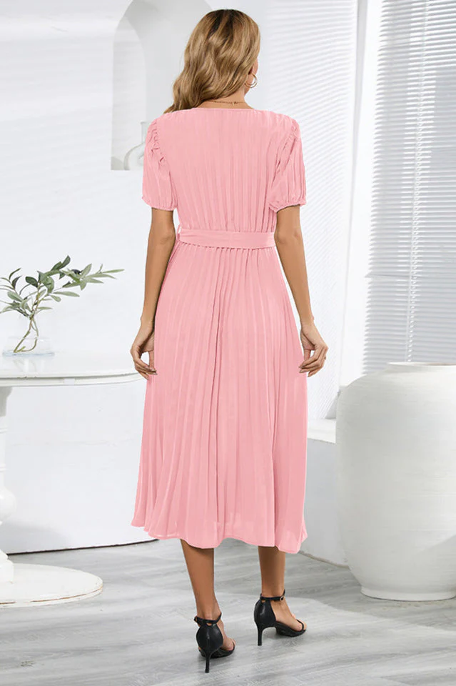 V-Neck Pleated Tie-Waist Midi Dress - Image 2