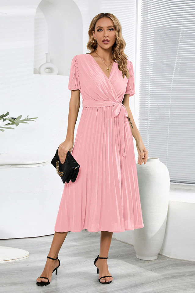 V-Neck Pleated Tie-Waist Midi Dress - Image 3