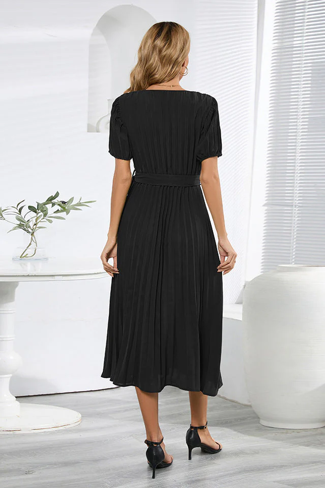 V-Neck Pleated Tie-Waist Midi Dress - Image 7