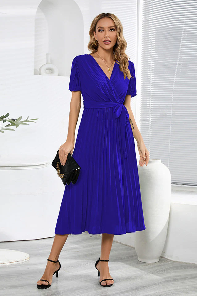 V-Neck Pleated Tie-Waist Midi Dress - Image 8