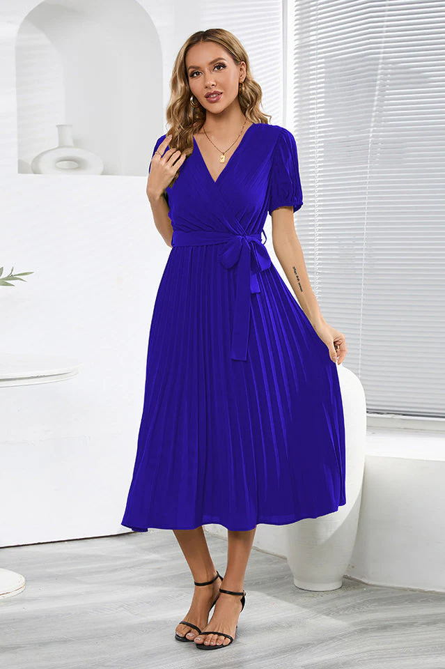 V-Neck Pleated Tie-Waist Midi Dress - Image 9