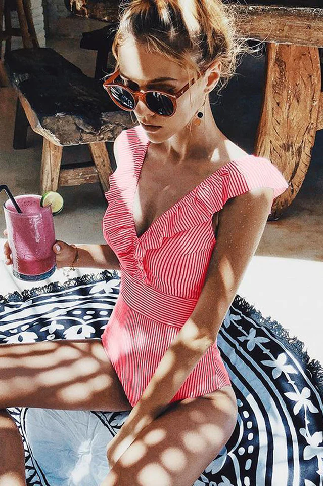 V Neck Ruffled Padded High Waist Monokini - Image 15