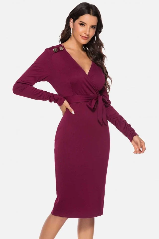V Neck Wrap Tied Waist Slit Dress - Image 4