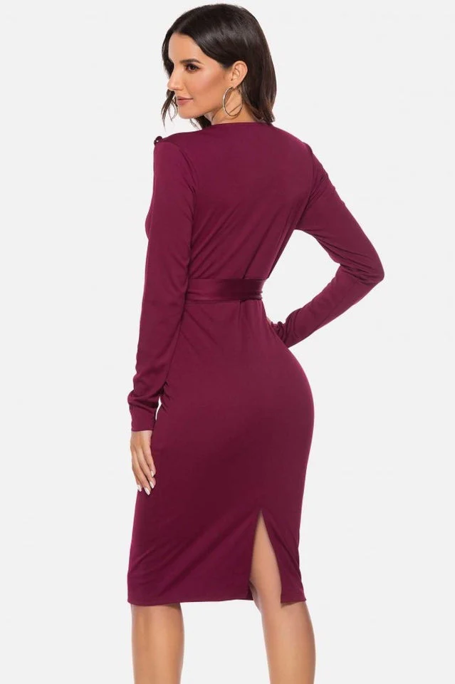V Neck Wrap Tied Waist Slit Dress - Image 5