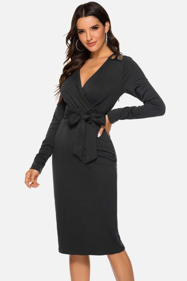 V Neck Wrap Tied Waist Slit Dress - Image 7