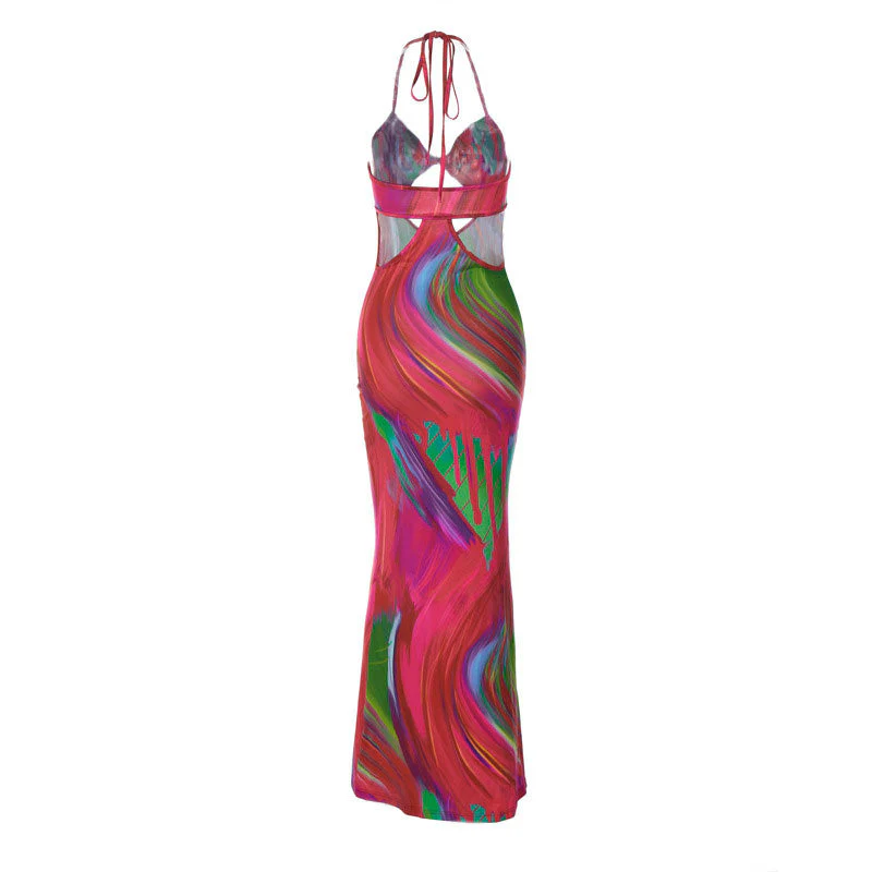 Vacation Ready Abstract Print Fishtail Twist Trim Cut Out Halter Maxi Dress - Red - Image 4
