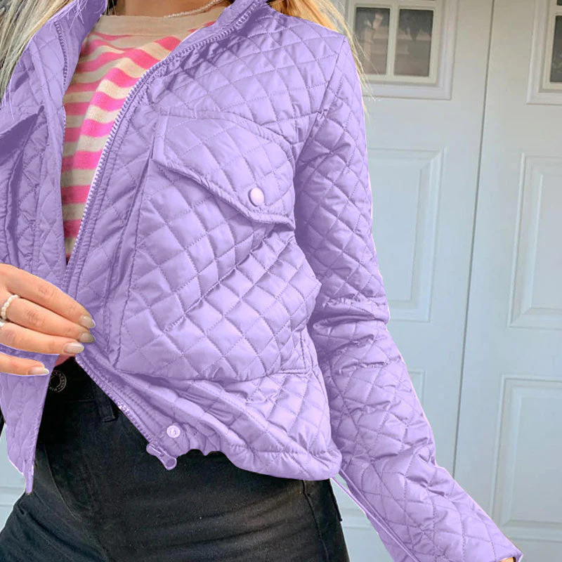 Versatile Collar Flap Pocket Long Sleeve Diamond Quilted Jacket - Purple - Image 3