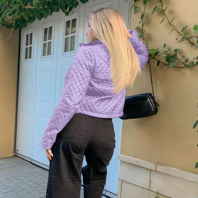 Versatile Collar Flap Pocket Long Sleeve Diamond Quilted Jacket - Purple - Image 4