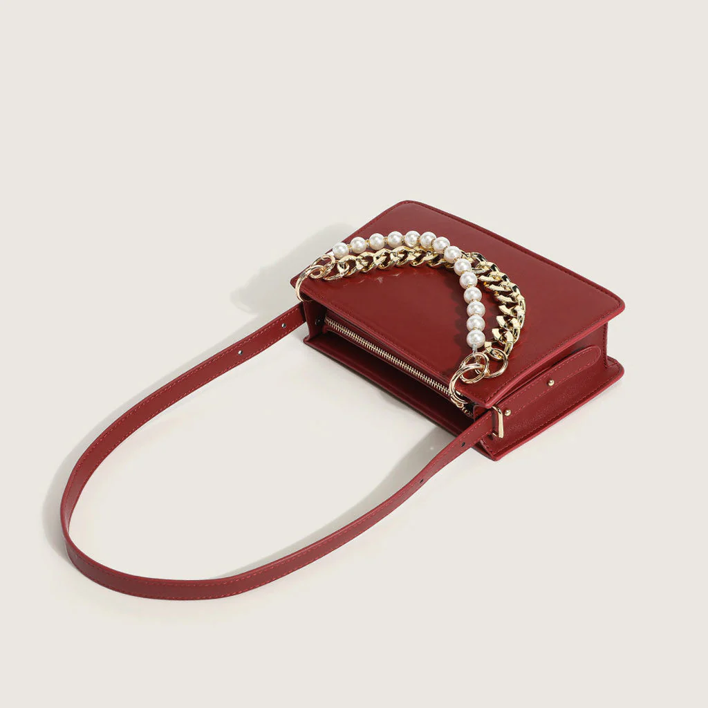 Versatile Peal Trim Chunky Chain Zip Top Leather Shoulder Bag - Red - Image 2