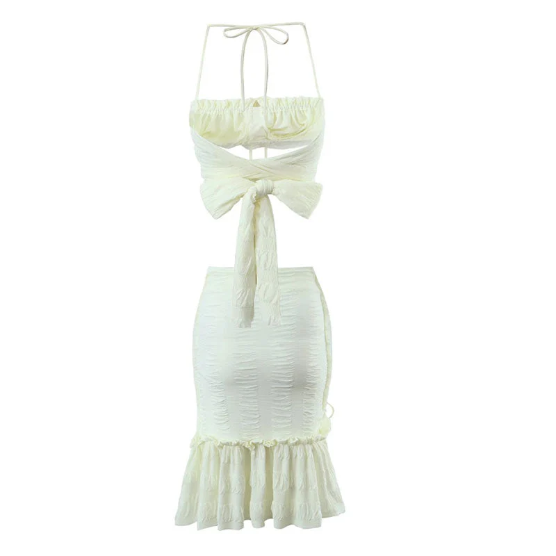 Versatile Ruched Ruffle Halter Top Drawstring Mini Skirt Matching Set - Beige - Image 6