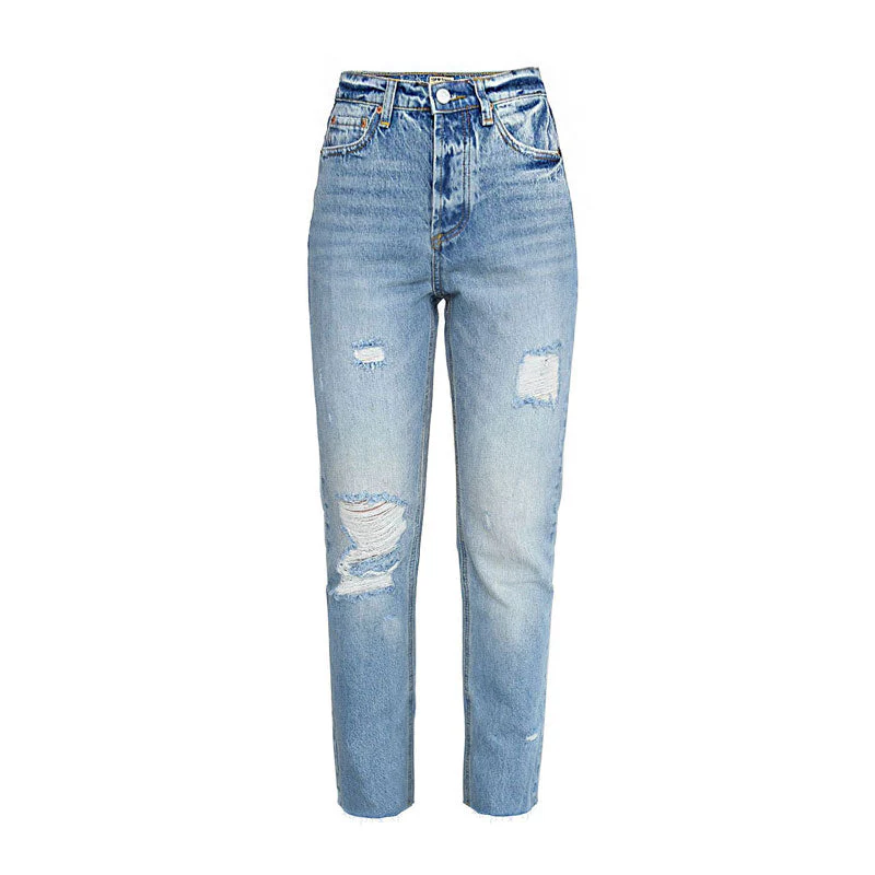 Vibrant Cut Out Faded Frayed Straight Leg Jeans - Light Blue - Image 3